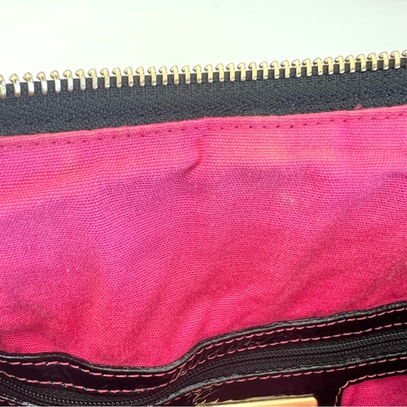 ISABELLA FIORE Black Patent Leather w Pink Stitches Side Pockets Domed Boho Tote - Picture 13 of 15